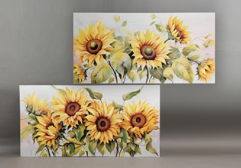 Two sunflower paintings on a gray background