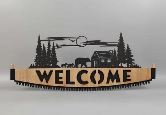Welcome Bear and Wood Cabin Wall Plaque