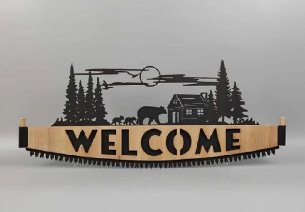 MayRich Company Welcome Bear and Wood Cabin Wall Plaque - Decorative Plaques Plaques & Signs