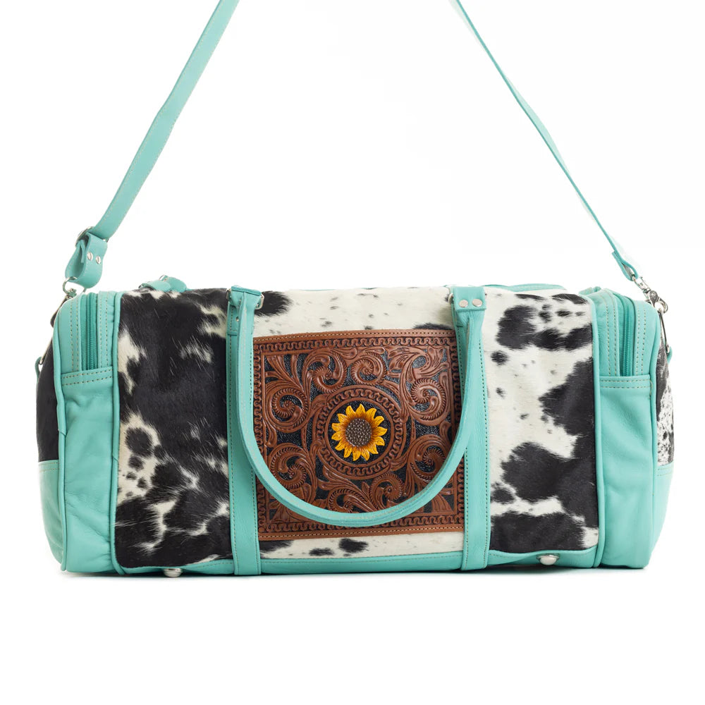 Myra Bag Myra Darling Mesa Turquoise Leather Duffle Bag - Hand-Tooled Cowhide Travel Bag with Sunflower - Duffel Bags