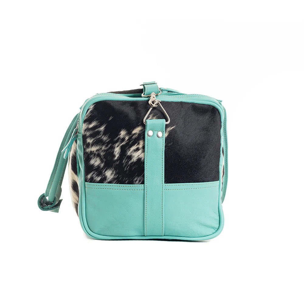 Myra Bag Myra Darling Mesa Turquoise Leather Duffle Bag - Hand-Tooled Cowhide Travel Bag with Sunflower - Duffel Bags